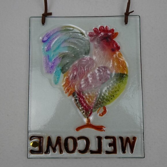 Glass WELCOME Sign Rooster Chicken Hanging Colorful - Picture 4 of 4